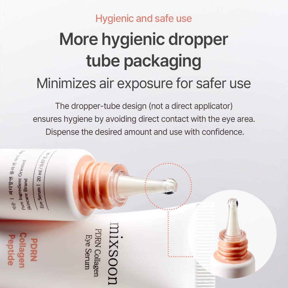 mixsoon pdrn collagen eye serum bottle with dropper design and text about hygienic use on a gray background