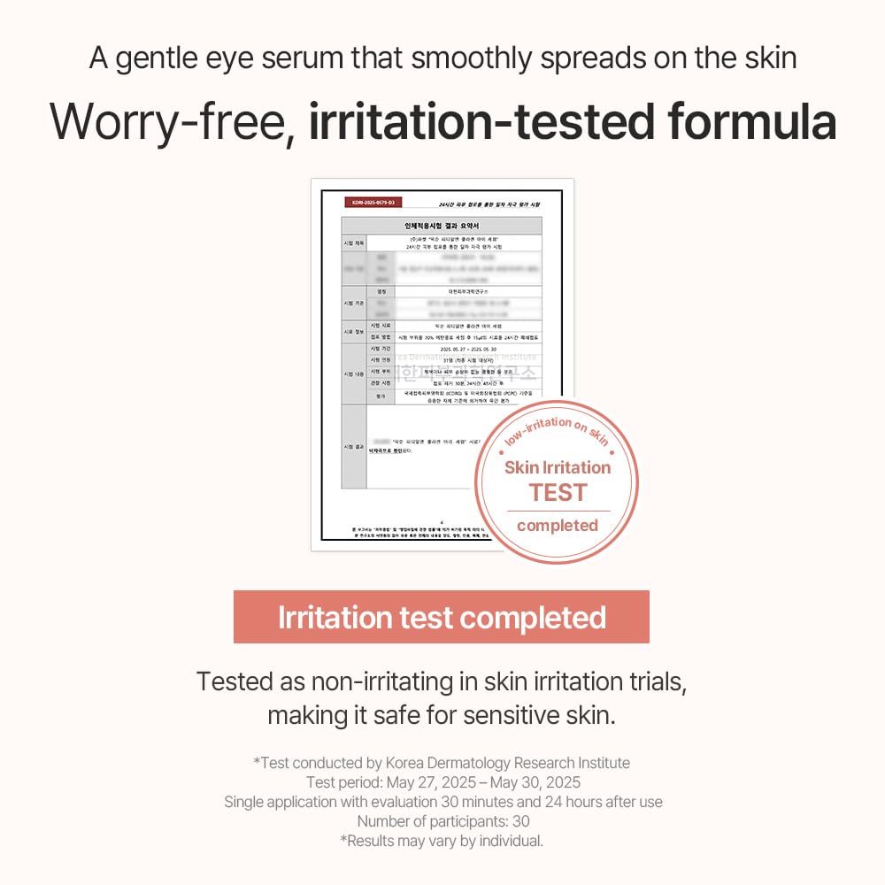 Advertisement for a gentle eye serum with irritation test results on a white background stating results being tested as non-irritating in skin irritation trials making it safe for sensitive skin