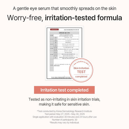 Advertisement for a gentle eye serum with irritation test results on a white background stating results being tested as non-irritating in skin irritation trials making it safe for sensitive skin