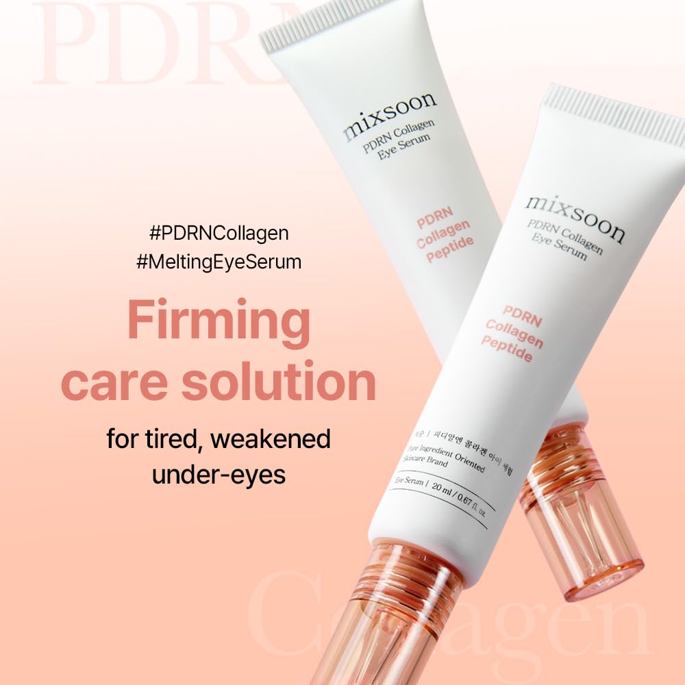 Two tubes of mixsoon eye serum on a pink background with text about firming care solution for tired and weakened under-eyes