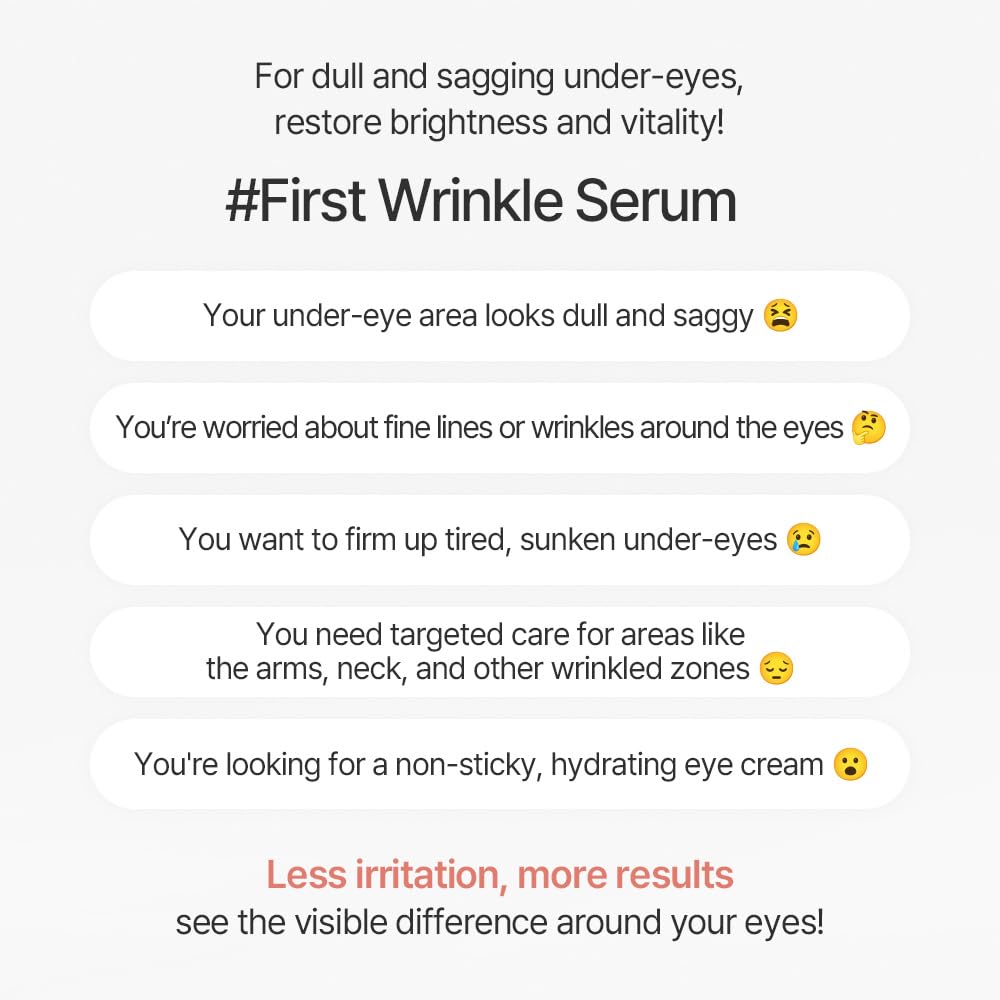 Advertisement for '#First Wrinkle Serum' targeting under-eye issues with text and emojis highlighting use for dull and sagging under-eyes by restoring brightness and vitality