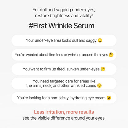 Advertisement for '#First Wrinkle Serum' targeting under-eye issues with text and emojis highlighting use for dull and sagging under-eyes by restoring brightness and vitality