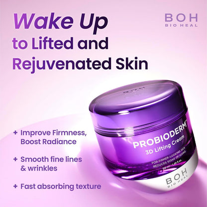 Purple BIOHEAL BOH Probioderm 3D Lifting Cream jar with text highlighting benefits of improved firmness, boost radiance, smooth fine lines and wrinkles and fast absorbing texture