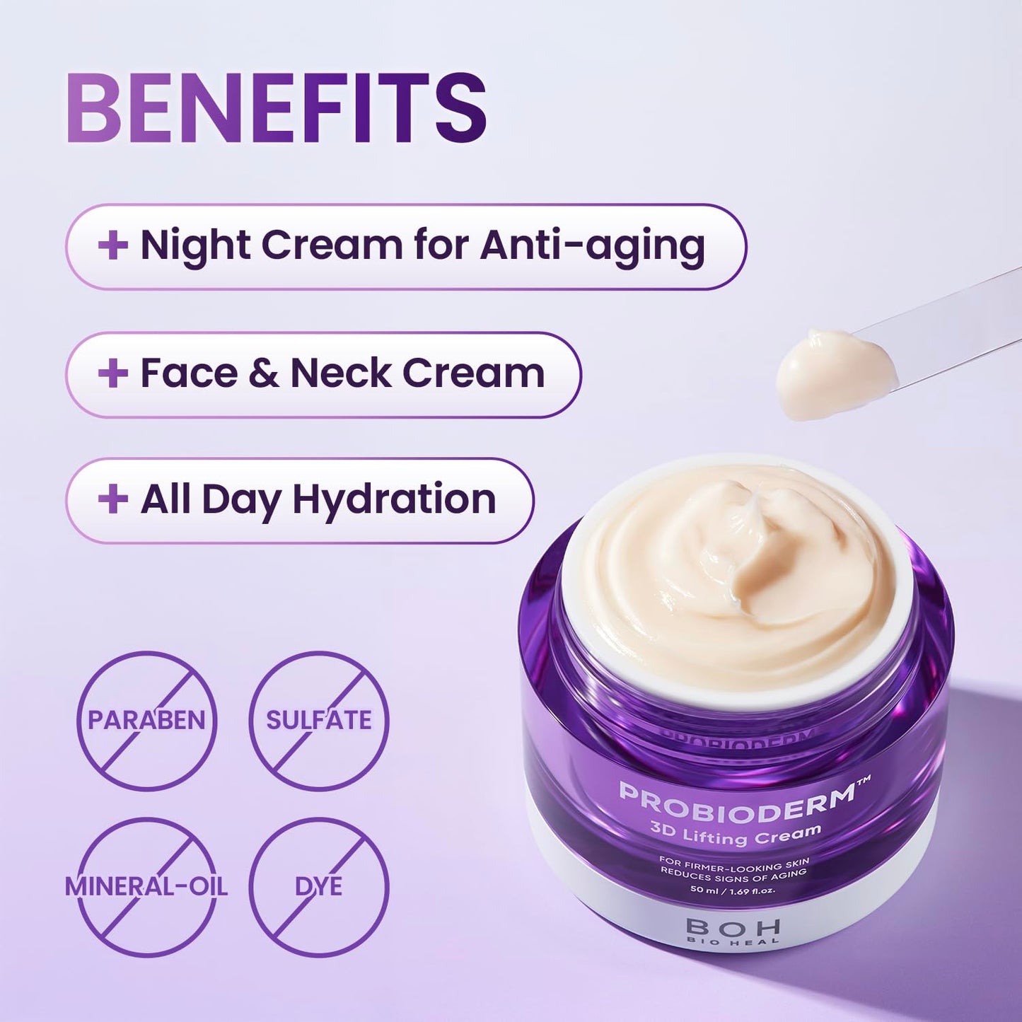 BIOHEAL BOH Probioderm 3D Lifting Cream jar with benefits listed as night cream for anti-aging, face and neck cream, all day hydration, paraben free, sulfate free, mineral oil free and dye free