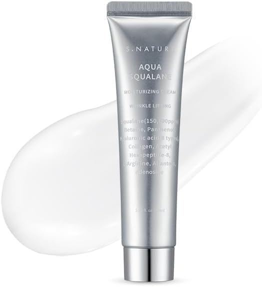 Silver tube of S. Nature Aqua Squalane Moisturising Cream on a white background with a sample of the product texture