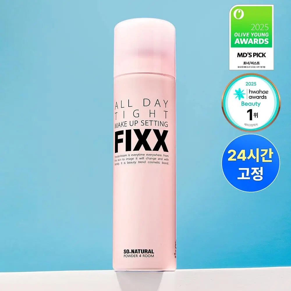 So Natural All Day Tight Make Up Setting FIXX bottle with an olive young 2025 award badge and Hwahae 2025 award badge