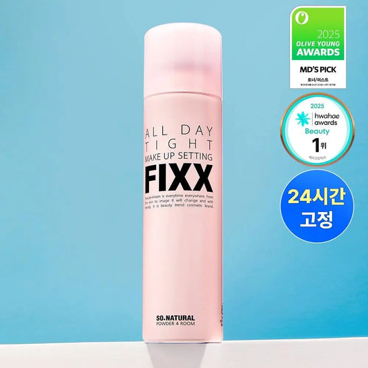 So Natural All Day Tight Make Up Setting FIXX bottle with an olive young 2025 award badge and Hwahae 2025 award badge