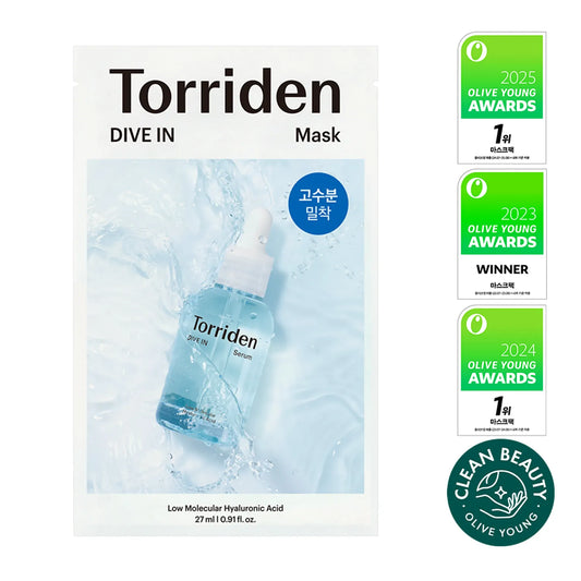 Torriden Dive In Low Molecular Hyaluronic Acid Mask product image and olive young award badges for 2023, 2024, 2025