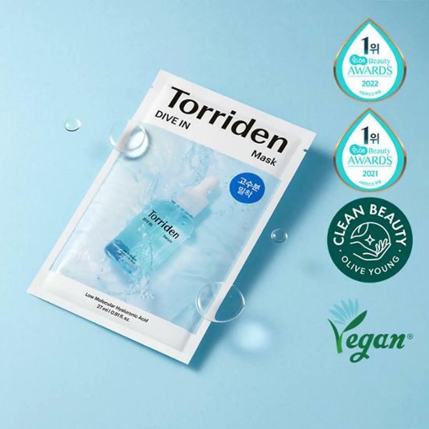 Torriden Dive In Low Molecular Hyaluronic Acid Mask packaging with hwahae awards for 2021 and 2022 and vegan certification