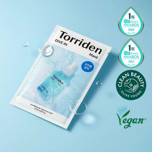 Torriden Dive In Low Molecular Hyaluronic Acid Mask packaging with hwahae awards for 2021 and 2022 and vegan certification