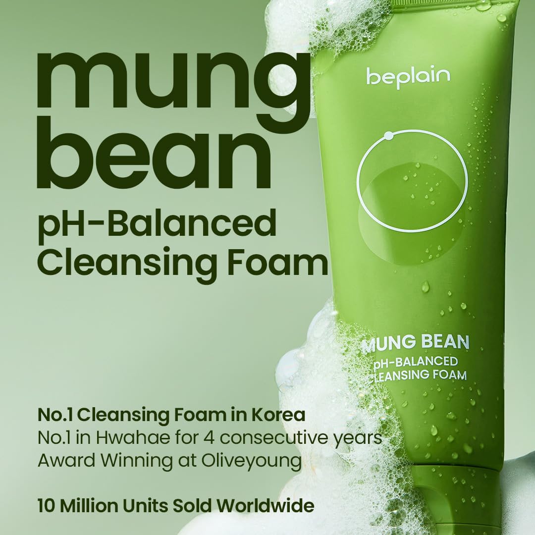 beplain Mung Bean pH-Balanced Cleansing Foam with text highlighting achievements of no.1 cleansing foam in Korea, no.1 in Hwahae for 4 consecutive years, award winning at Olivve Young and 10 Million units sold worldwide