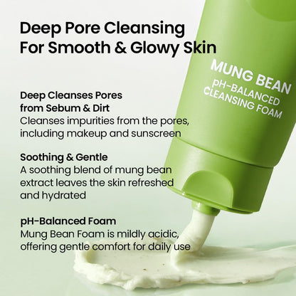 beplain Mung Bean pH-Balanced Cleansing Foam with text about its benefits of deep cleanses pores from sebum and dirt, soothing and gentle, pH-balanced