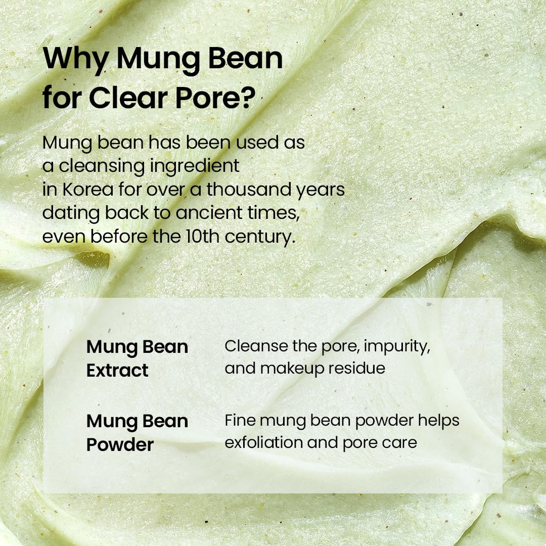 beplain Mung Bean pH-Balanced Cleansing Foam close up of the product with text explaining why Mung Bean is used for clearing pores as it dates back to the ancient times in Korea - it cleanses the pore and fine mung bean powder helps exfoliation 