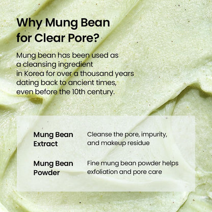 beplain Mung Bean pH-Balanced Cleansing Foam close up of the product with text explaining why Mung Bean is used for clearing pores as it dates back to the ancient times in Korea - it cleanses the pore and fine mung bean powder helps exfoliation 