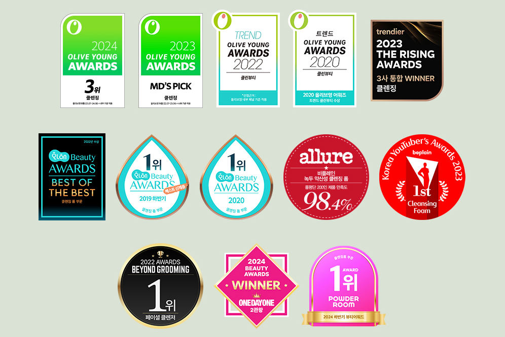 beplain Mung Bean pH-Balanced Cleansing Foam's Collection of various awards and accolades including 2020, 2022, 2023, 2024 Olive Young awards, Hwahae awards, allure award, Korea YouTuber's awards 2023, oiwder room, Beyong Grooming, One Day One. 