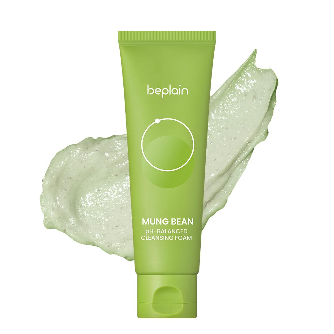 Green tube of beplain Mung Bean pH-Balanced Cleansing Foam with sample of product in the background