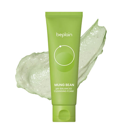 Green tube of beplain Mung Bean pH-Balanced Cleansing Foam with sample of product in the background