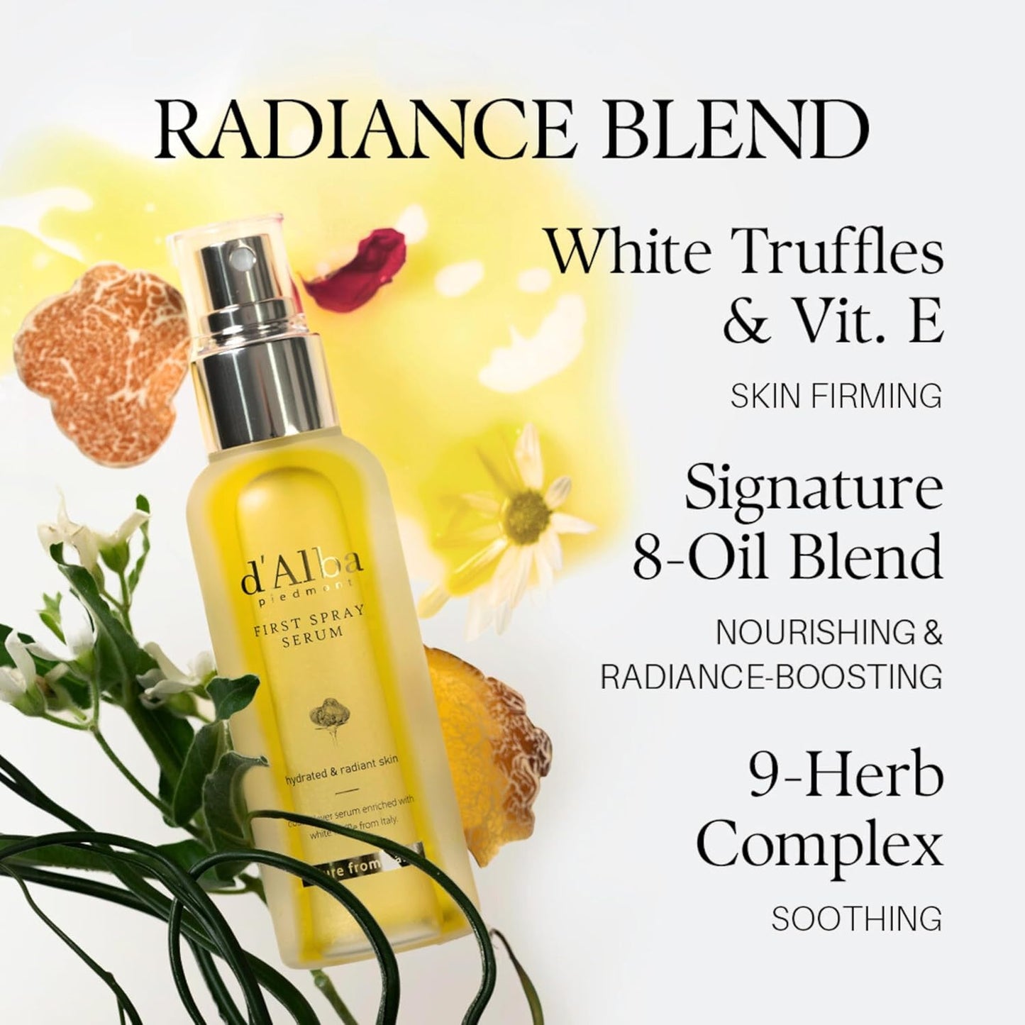 d'Alba White Truffle First Spray Serum  bottle with key ingredients highlighted as White Truffles and Vitamin E, Signature 8-oil blend and 9-herb complex