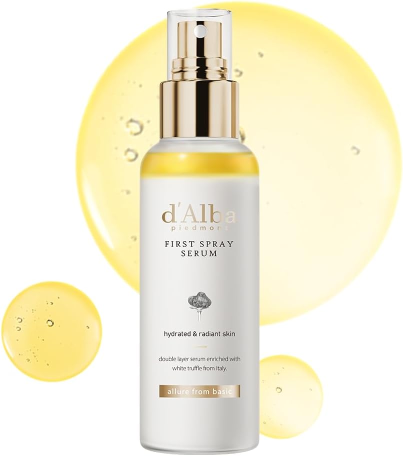 d'Alba White Truffle First Spray Serum bottle with product droplets on a white background