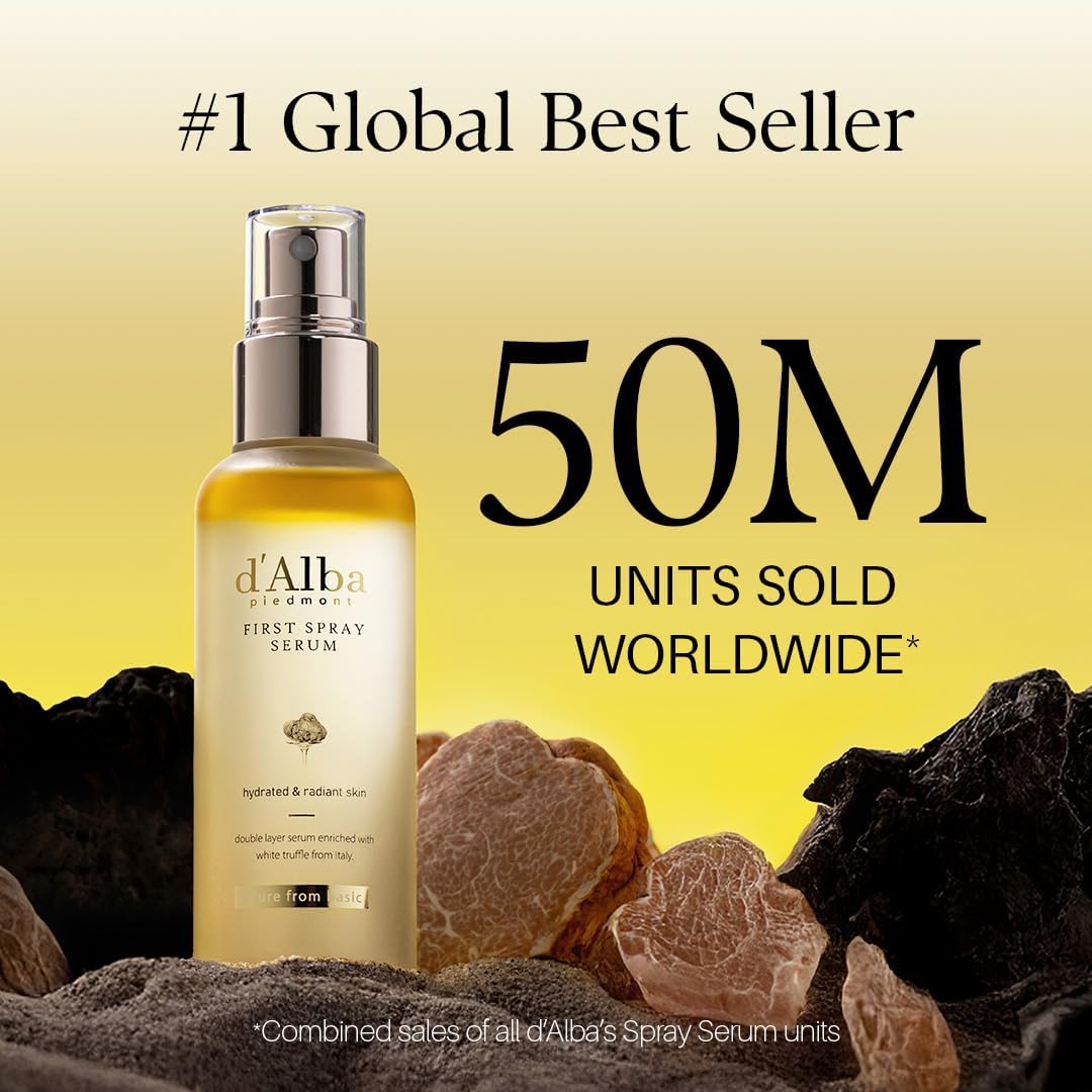 d'Alba First Spray Serum bottle with text about it selling 50 million units worldwide