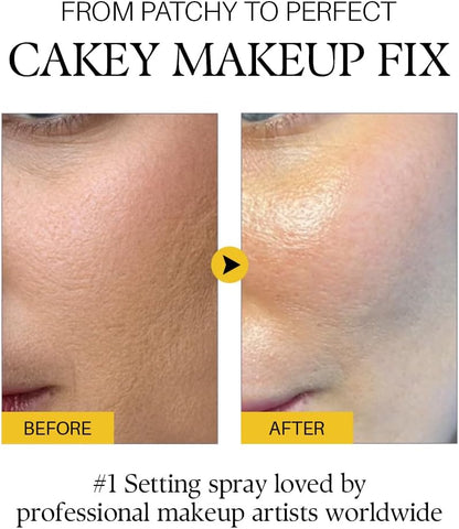 Before and after comparison of cakey makeup after using d'Alba White Truffle First Spray Serum, labeled 'From Patchy to Perfect'.
