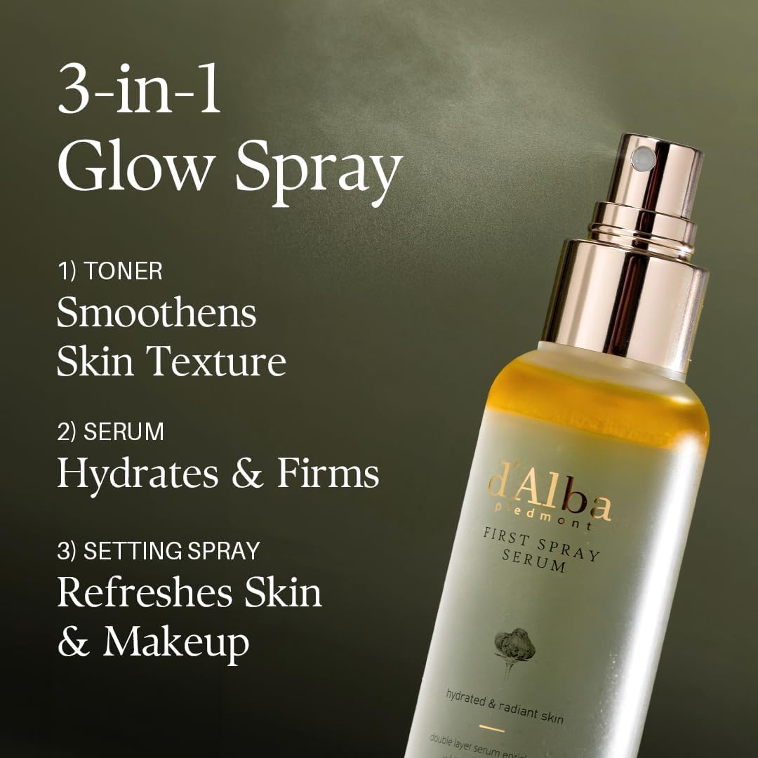 d'Alba White Truffle First Spray Serum 3-in-1  use of 1) Toner, 2) Serum & 3) Setting Spray