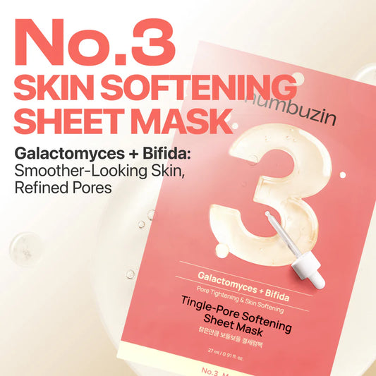 numbuzin No.3 Skin Softening Sheet Mask highlighting key ingredients of galactomyces and bifida which provides smoother-looking skin and refined pores
