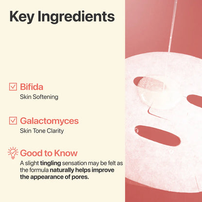 numbuzin No.3 Tingle-Pore Softening Sheet Mask key ingredients of galactomyces (skiin tone clarity) and bifida (skin softening) with a note stating that a slight tingling sensation may be felt as the formula naturally helps to improve the appearance of pores