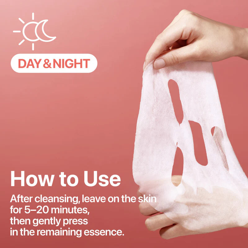 Hand holding numbuzin No.3 Tingle-Pore Softening Sheet Mask with text to advise using it after cleansing and leave on the skin for 5-20 minutes then gently press in the remaining essence. 