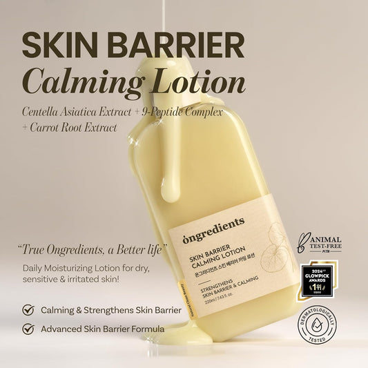 ongredients Skin Barrier Calming Lotion bottle with text highlighting skin barrier calming ingredients of centella asiatica extract, 9-peptide complex and carrot root extract providing calming and strengthening skin barrier. Badges highlighting animal testing free, dermatologically tested and winner of 2024 Glowpick awards