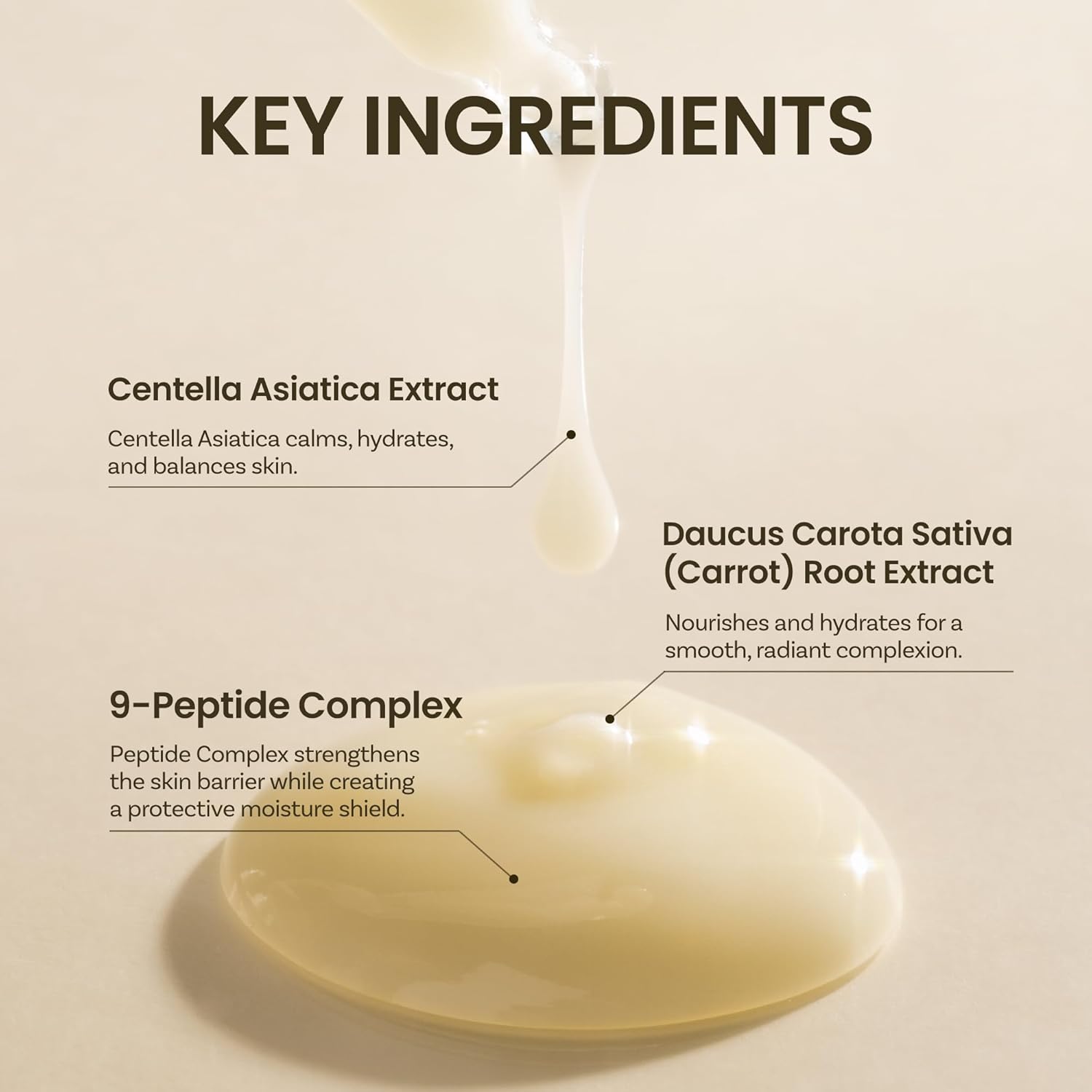 Key ingredients of ongredients Skin Barrier Calming Lotion being Centella Asiatica Extract to hydrate and balance skin; Daucus Carota Sativa (Carrot) Root Extract to nourish and hydrate for a smooth radiant complexion; 9-Peptide complex to strengthen skin barrier.