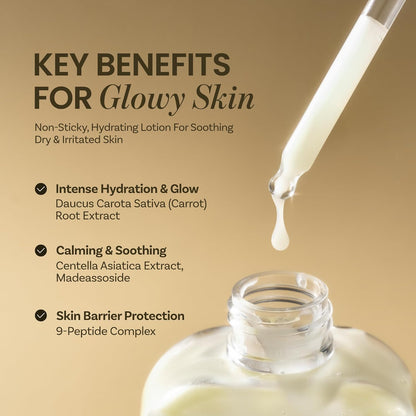 ongredients Skin Barrier Calming Lotion with dropper highlighting the key benefits and ingredients. 