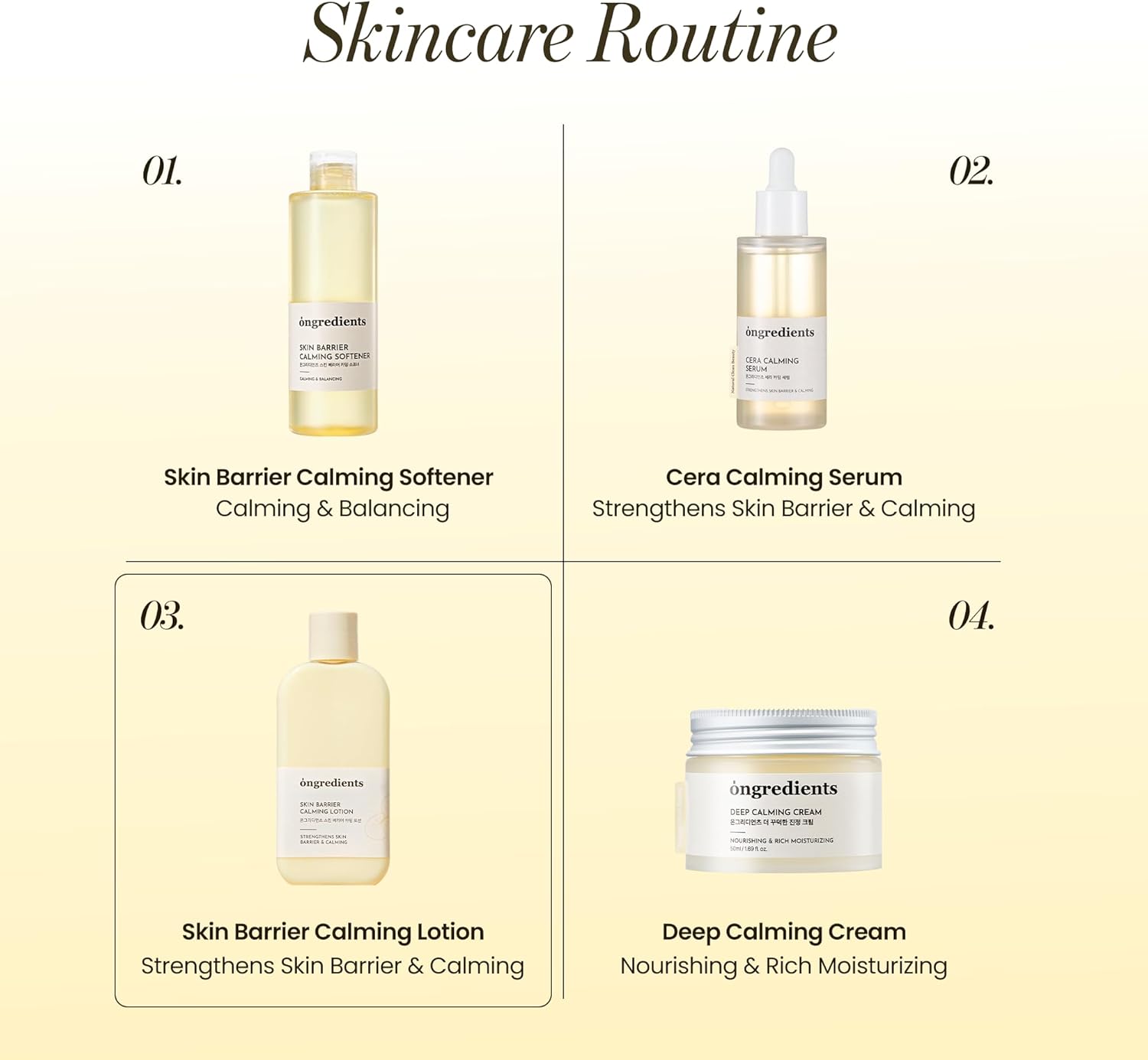 Ongredients Skincare routine with ongredients Skin Barrier Calming Lotion highlighted as step 3.