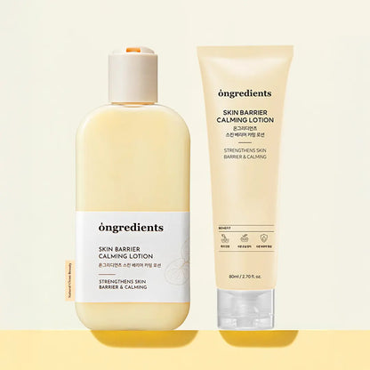 Two bottles of 'ongredients' Skin Barrier Calming Lotion on a light yellow background