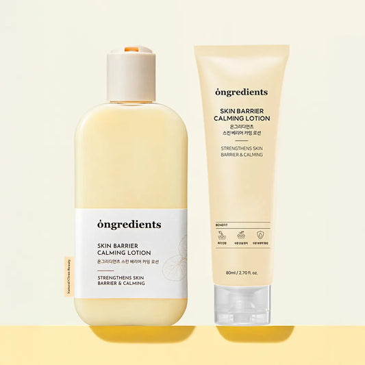 Two bottles of 'ongredients' Skin Barrier Calming Lotion on a light yellow background